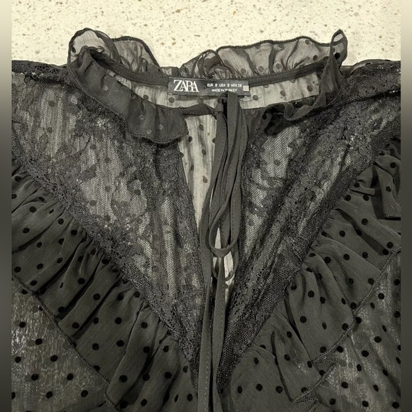 Zara Black Dotted Mesh Dress with Ruffles | Small - Picture 5 of 10